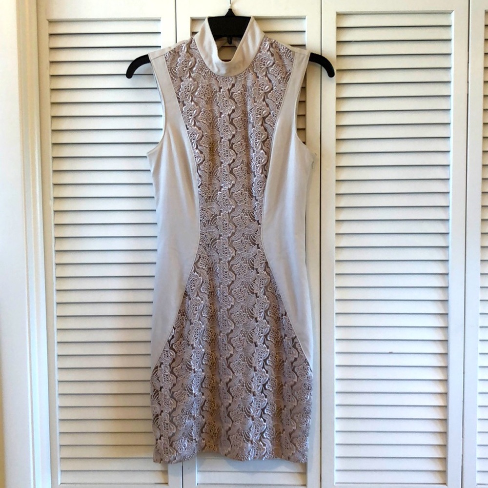 Bebe Dress Floral Embroidery Creamy Champagne Beige Color Size 6